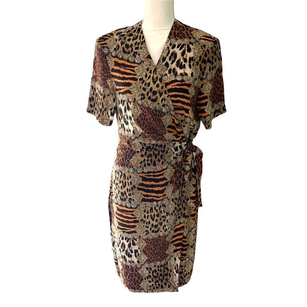 Robbie Bee Silk Dress Womens Size 10 Vintage Animal Print Faux Wrap Side Tie